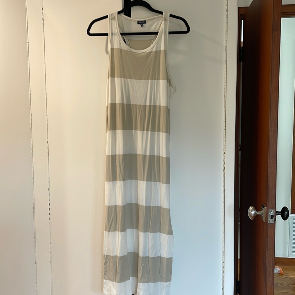 Splendid Mesa Tan White Striped Midi Tank Dress with Side Slit Medium